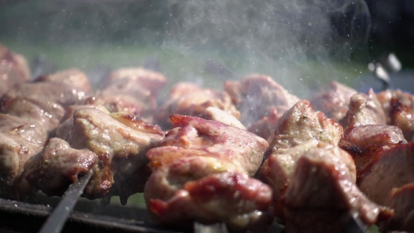 Barbecue Skewers with Meat Are Cooked on the Grill