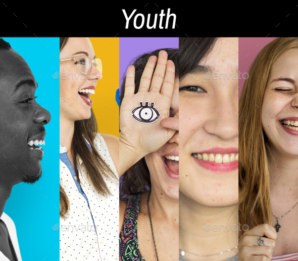Set of Diversity Young Adult People Happy Face Expression Emotio