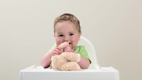 Baby boy sitting in highchair with teddy bear alt