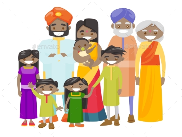 Extended Indian Family with Cheerful Smile - People Characters