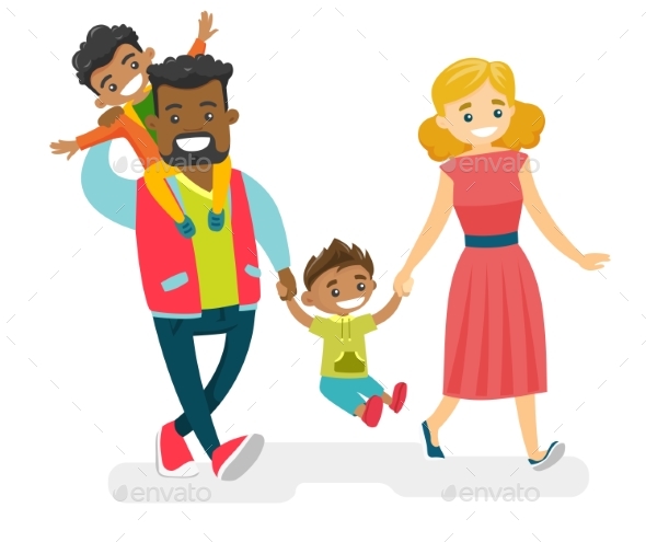 Multiracial Family Walking and Having Fun - People Characters
