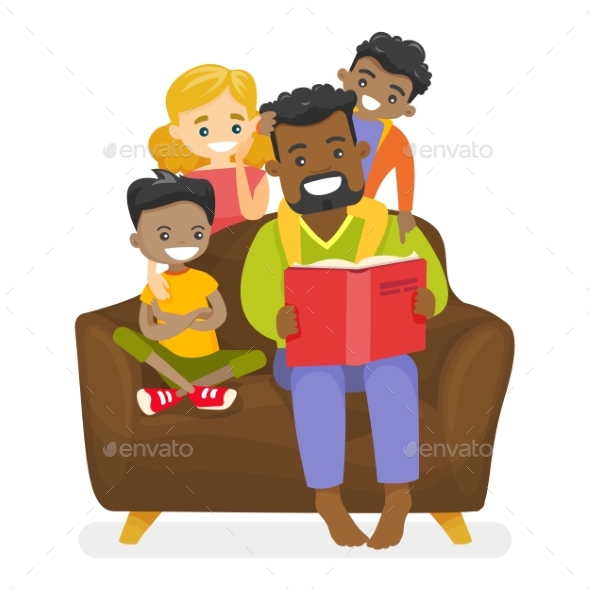 Father Reading a Book to Children - People Characters