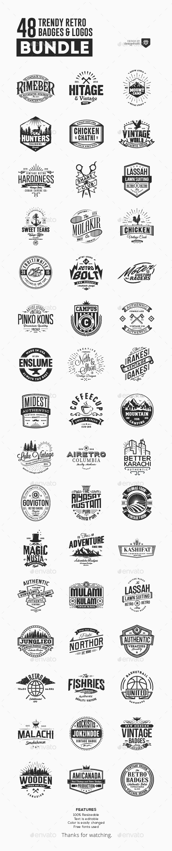 48 Trendy Retro Badges and Logos Bundle - Badges & Stickers Web Elements