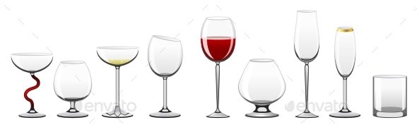 Stemware - Realistic Vector Isolated Clip Art Set - Food Objects