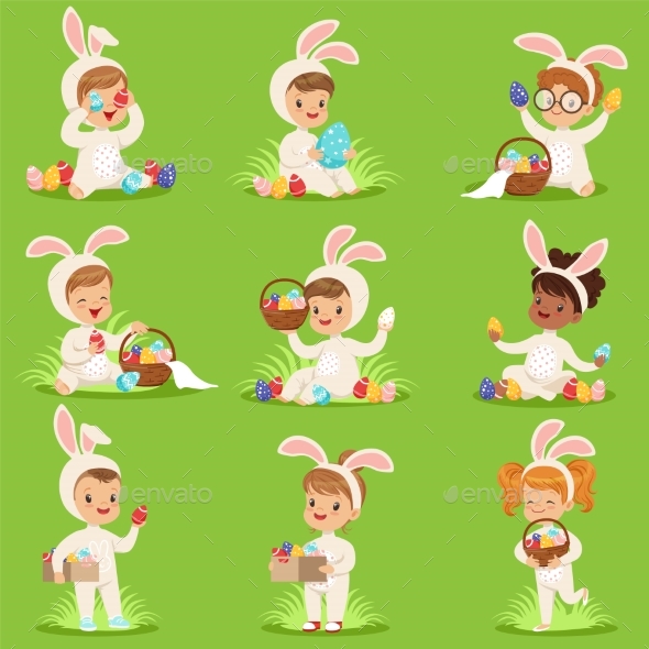 Easter Set with Eggs and Children in Bunny - Animals Characters