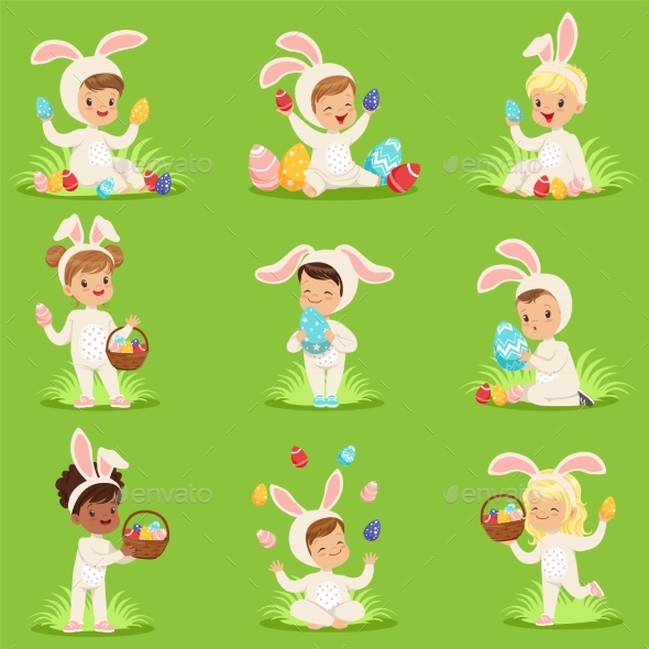 Easter Set with Eggs and Children in Bunny - Animals Characters