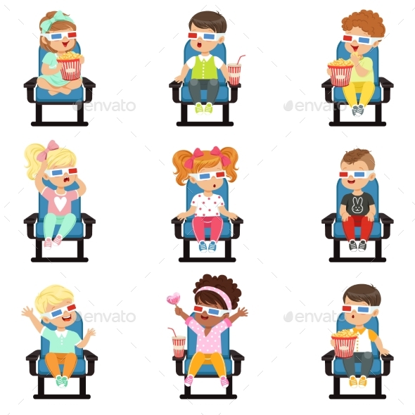 Icons Set of Little Children in 3D-glasses - People Characters