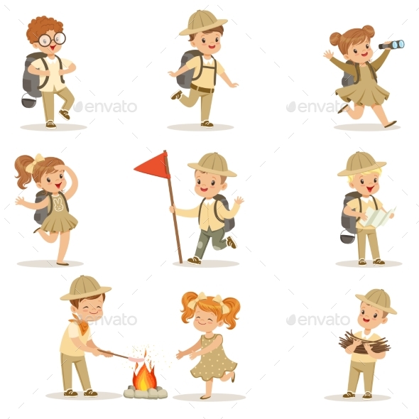 Set of Girls and Boys in Scout Costumes - Sports/Activity Conceptual