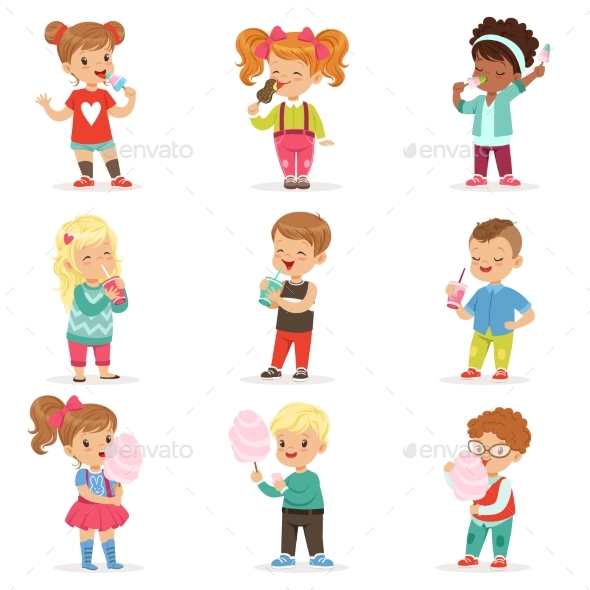 Set of Little Boys and Girls Drinking Cocktails - People Characters