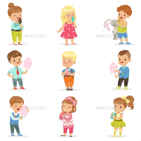 Set of Little Boys and Girls Drinking Cocktails - People Characters