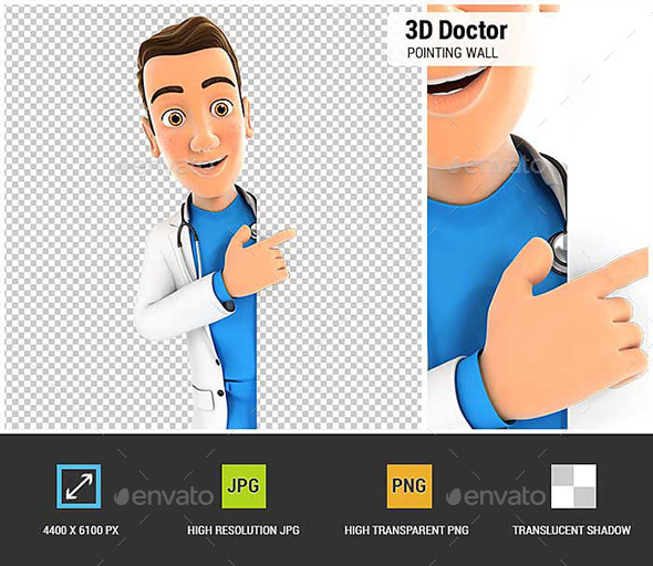 GraphicRiver 3D Doctor Pointing to Right Blank Wall 20787228