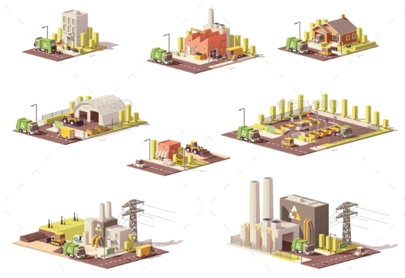 Vector Low Poly Waste Management Icons - Buildings Objects