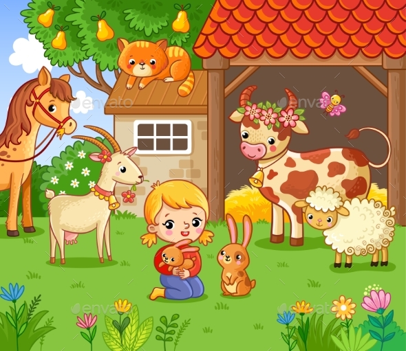 Girl on the Farm with the Animals.