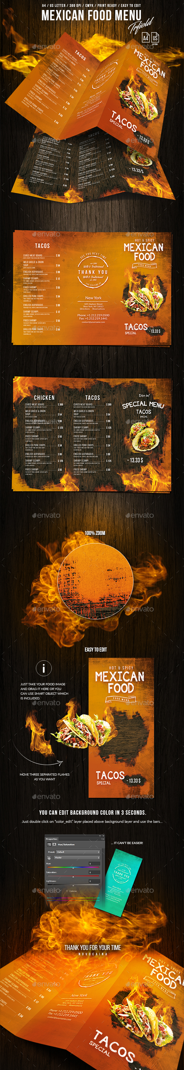 Mexican A4 and US Letter Trifold Food Menu - Food Menus Print Templates