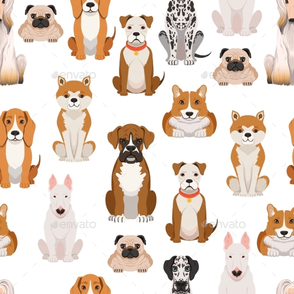 Different Dogs in Cartoon Style. Vector Seamless