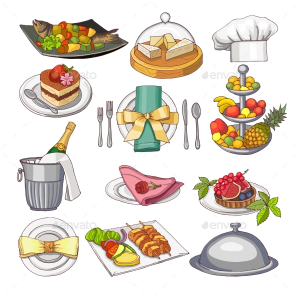 Colored Illustration of Restaurant Food Set - Food Objects
