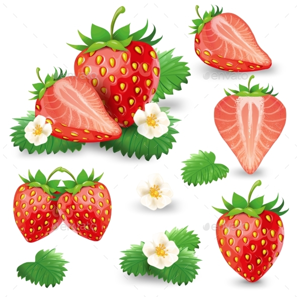 Ripe Strawberry with Leaves and Blossom Vector Set - Food Objects
