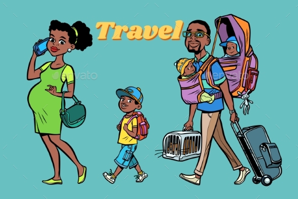 African Family Travelers, Mom Dad and Kids - People Characters