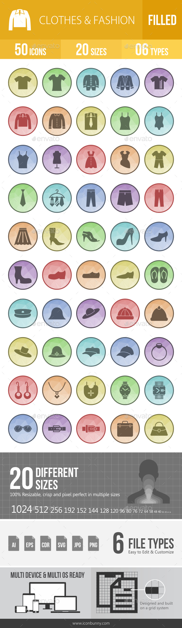 Clothes & Fashion Filled Low Poly B/G Icons - Icons