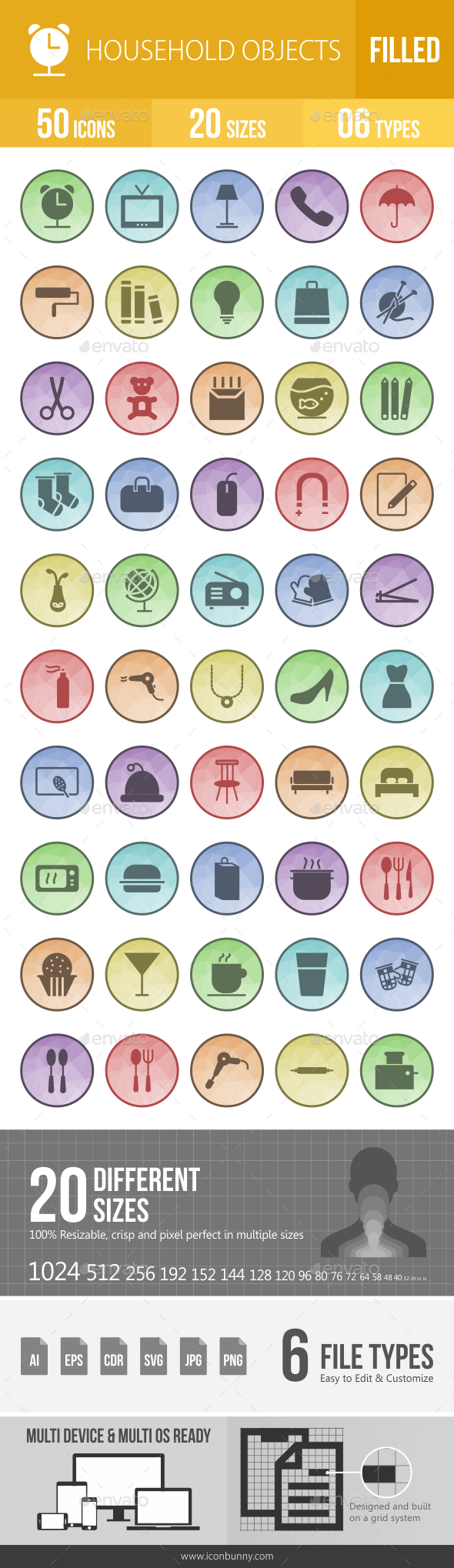 Household Objects Filled Low Poly B/G Icons - Icons