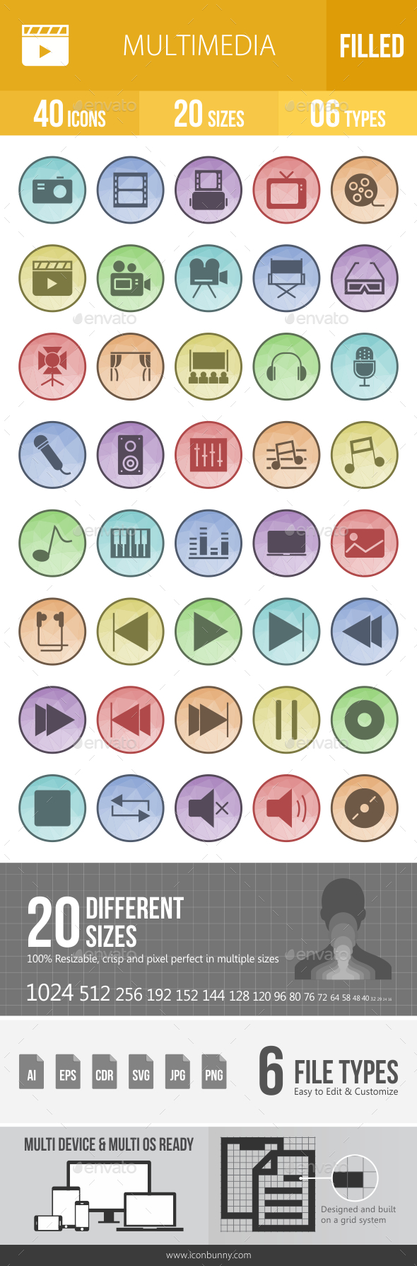 Multimedia Filled Low Poly B/G Icons - Icons