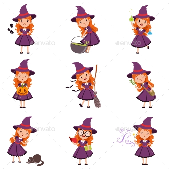 Little Girl Witch Set Wearing Purple Dress and Hat - People Characters