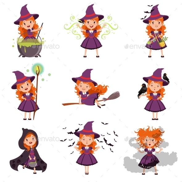 Little Girl Witch Set Wearing Purple Dress and Hat - People Characters