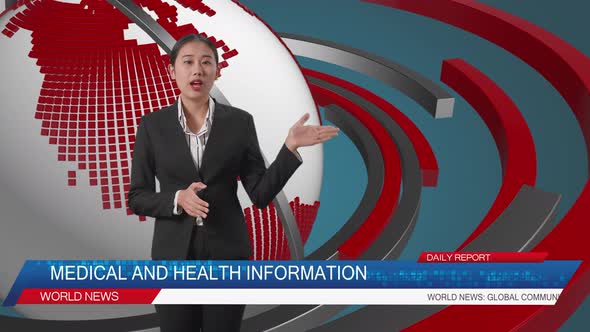 Live News Studio With Asian Female Anchor Pointing To Side While Reporting On The Events Of The Day alt