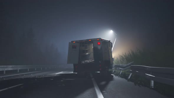 Demolished armored truck on the roadside. Money on the road. Crime scene 4K alt