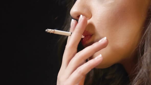 Stressed Woman Relaxing by Smoking Cigarette, Hands Shaking Nervously ...