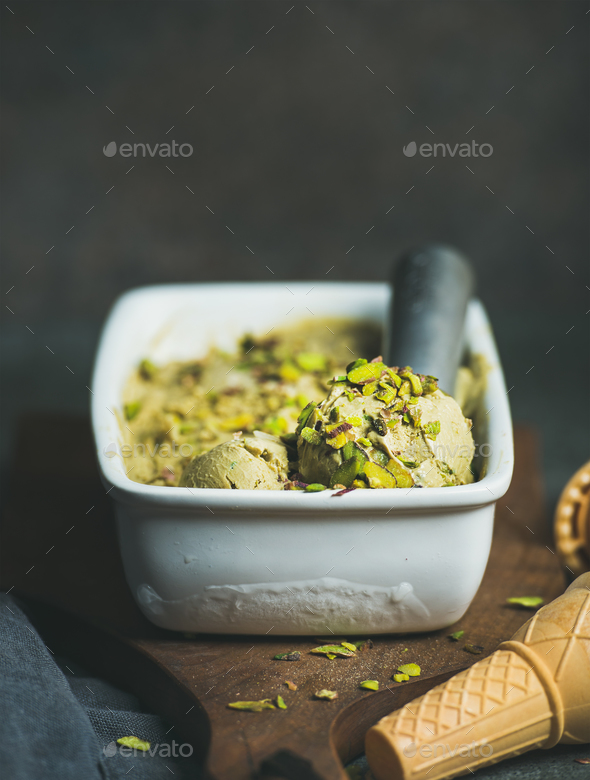 Homemade pistachio ice cream in ceramic mold - Stock Photo - Images