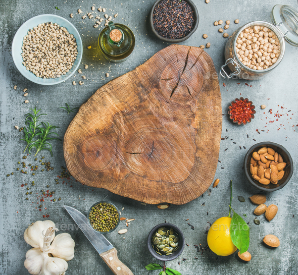 Ingredients for healthy cooking over grey concrete textured background - Stock Photo - Images