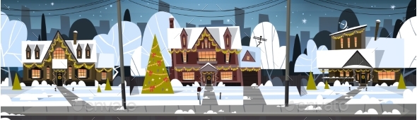 Winter Suburb Town View Snow On Houses - Seasons/Holidays Conceptual