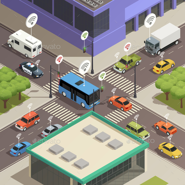 Smart City Traffic Isometric  Composition