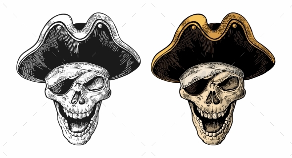 Skull in Pirate Clothes Eye Patch and Hat Smiling - Miscellaneous Vectors