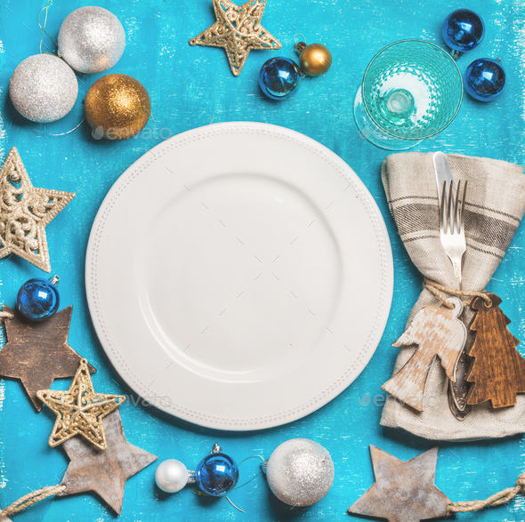 Christmas, New Year holiday background with white plate in center - Stock Photo - Images
