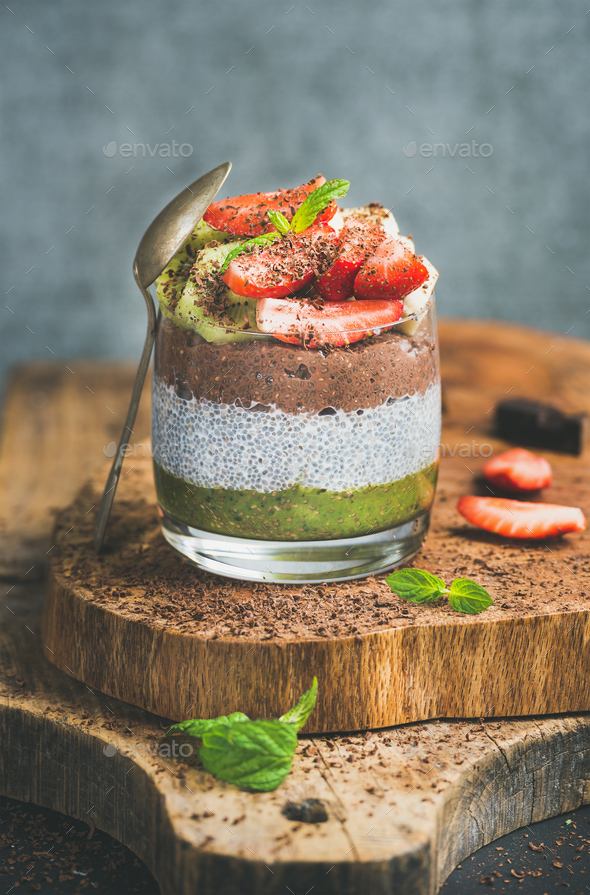 Healthy dieting breakfast concept in glass on board, copy space - Stock Photo - Images