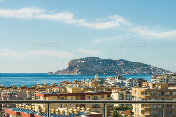View over castle hill of Alanya, Turkey, and Mediterranean sea - Stock Photo - Images