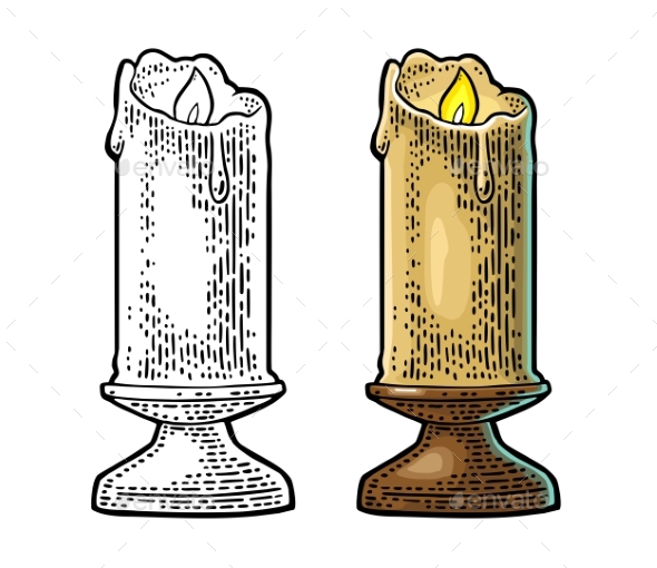 Burning Candle with Holder and Fire Flame - Man-made Objects Objects