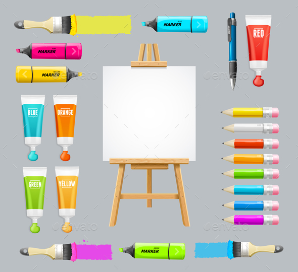 Board Easel Blank Empty and Painting Accessories Set. Vector - Objects Vectors