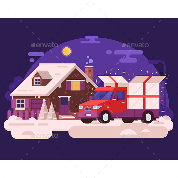 Winter Car Delivering Christmas Gift - Conceptual Vectors