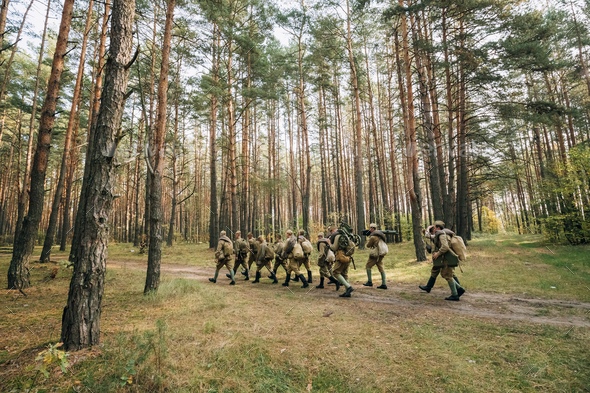 Group Of Re-enactors Dressed As Soviet Russian Red Army Infantry - Stock Photo - Images
