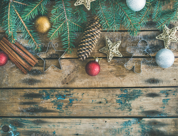 Christmas, New Year holiday flat-lay over wooden background, copy space - Stock Photo - Images