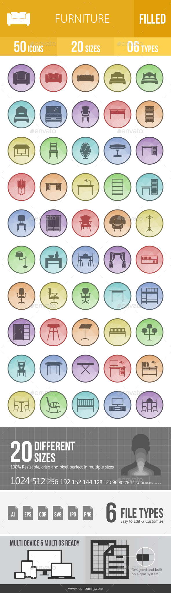 Furniture Filled Low Poly B/G Icons - Icons