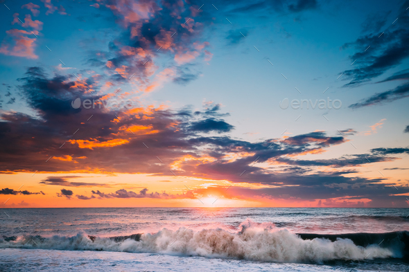 Sun Is Shining Over Horizon At Sunset Or Sunrise. Evening Sea Or - Stock Photo - Images