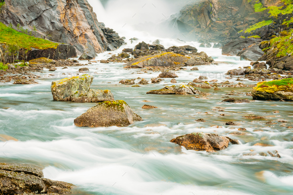 Beautiful Waterfall In The Valley Of Waterfalls In Norway. - Stock Photo - Images