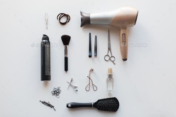 hairdryer, scissors and other hair styling tools