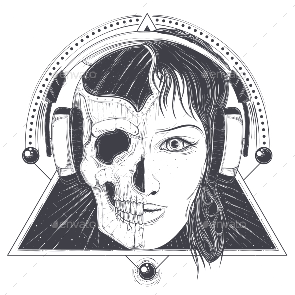 Download Womans Head with Half Face Skull Engraved Vector by ...