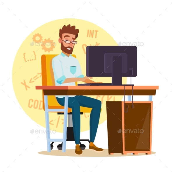 Programmer Man Vector. Stylized Young Developer - People Characters