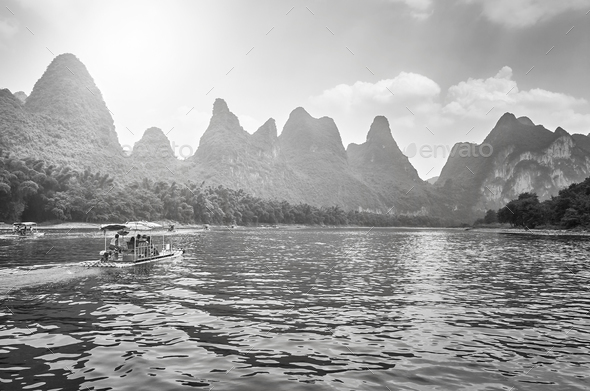 Li River landscape with bamboo rafts, China.
